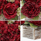 Flower Arrangement with Wooden Vase 14" Artificial Flowers in Pot - Fake Flowers Roses Peonies Hydrangeas in Wooden Vase Potted Artificial Flower Centerpieces for Table Decor Living Room - Red - Image 3