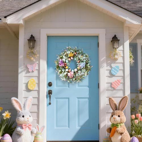 20 Inch Spring Easter Wreath for Front Door with Easter Egg & Lambs Ear - Image 2