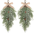 2 PCS 24" Christmas Swag Wreaths for Front Door Artificial Christmas Frosted Cedar Teardrop Swags Winter Wreath with Pine Cone for Kitchen Cabinet Farmhouse Home Window Wall Festival Decoration by Unknown