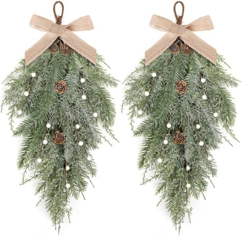 2 PCS 24" Christmas Swag Wreaths for Front Door Artificial Christmas Frosted Cedar Teardrop Swags Winter Wreath with Pine Cone for Kitchen Cabinet Farmhouse Home Window Wall Festival Decoration by Unknown