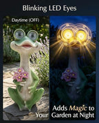 iStatue Solar Frog Garden Statue with Blinking Light-Up Eyes, Resin Outdoor Garden Decor Frog Holding Flowers, Waterproof Animal Figurine for Patio Lawn Yard Porch Balcony (Green) - Image 2