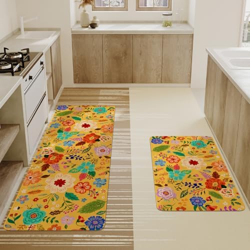 Boho Floral Kitchen Mat Set of 2,Modern Farmhouse Flowers Kitchen Rugs and Mats Non Skid Washable,Spring Summer Bohemian Kitchen Runner Rugs with Rubber Backing (Yellow 17"x47"+17"x30") - Image 4
