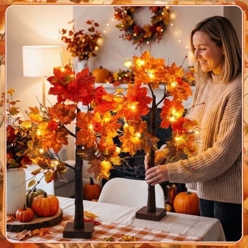 Baquler 2 Pcs Fall LED Lighted Birch Trees 24 in, Autumn Tabletop Decor - Image 4
