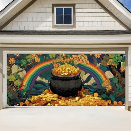 Pot of Gold St. Patrick’s Day Garage Door Banner 7x16FT, Lucky Clover & Rainbow Garage Door Cover, Outdoor Decoration for Yard & Garage on St. Patrick’s Day by ANNAQUEEN