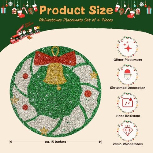15" Christmas Rhinestones Placemats Set of 4, Green Wreath - Image 4
