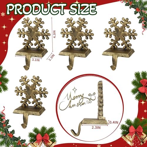 OCTERIC 4Pcs Stocking Holders, Snowflake Pattern Retro Metal Mantel Hooks, Anti-Slip Heavy Duty Solid Cast Iron Mantle Hangers Xmas Décor for Fireplace Holiday Indoor Decoration - Image 2