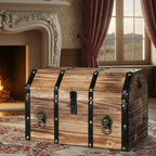 Vintiquewise Wooden Treasure Chest Trunk Vintage-Style Storage Box with Leather Straps Brass Rivets Lion Head Ornaments & Latch Closure Decorative Accent and Functional Organizer for Home Décor, Large - Image 2