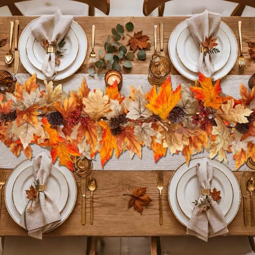 6 FT Lighted Fall Garland with Lights & Timer, Fall Decor Lush Autumn Leaves with Pumpkins, Berries & Pinecones, Pre-Lit Thanksgiving Decorations for Home, Fireplace Mantel & Porch - Image 6