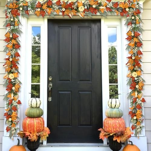 Realistic Fall Garland for Mantle 6 Ft Fall Maple Leaves Garlands with Lights/Timer Pumpkin Garland for Thanksgiving Outdoor Indoor Table Fireplace Autumn Decor Fall Decorations for Home Porch - Image 3