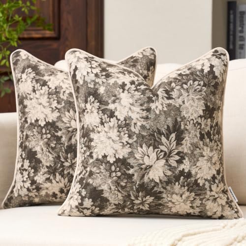 FANAMI Vintage Floral Throw Pillow Covers 18x18 Set of 2 Boho Farmhouse Accent Pillowcase Neutral Modern Chenille Square Decorative Cushion Covers for Couch Sofa Bed Living Room Home Decor, Grey by Fanami