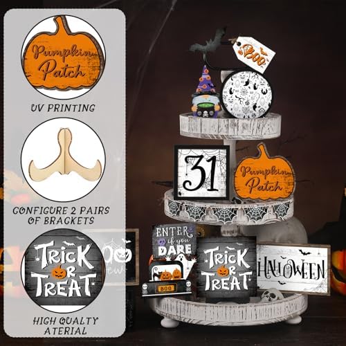 14 Pcs Halloween Tiered Tray Decor Set, Gnome Wood Table Signs (Terror) - Image 2