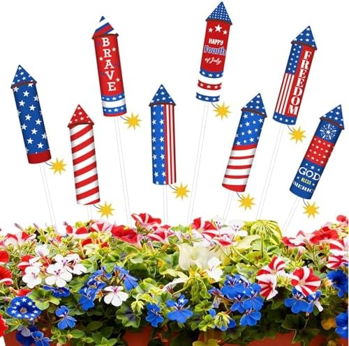 8 Pcs 4th of July Metal Firework Garden Stakes, American Flag Yard Sign, Patriotic Independence Day Memorial Day Decor for Outdoor Lawn, Yard, Garden, Walkway (Rockets) by clothmile