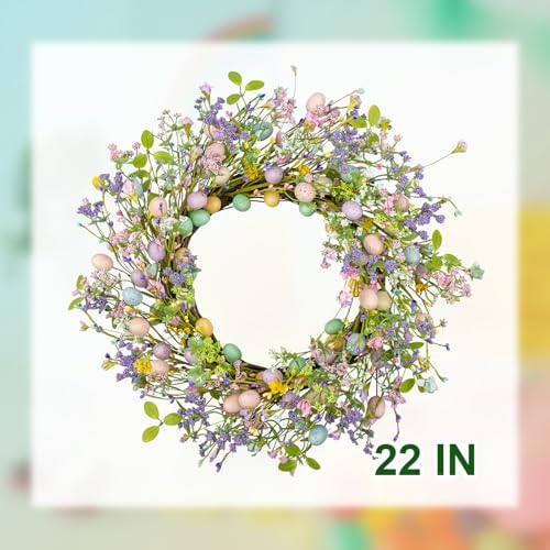 J'FLORU Artificial Easter Wreath 22 Inch Easter Wreaths for Front Door Colorful Egg Wreath with Flowers Green Leaves for Door Wall Porch Farmhouse Decor - Image 5