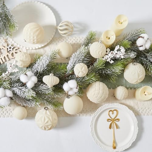 30pcs Velvet Christmas Ball Ornaments, Flocked Shatterproof Christmas Ornaments Hanging Xmas Tree Decorations Set for Home Party Holiday Decor (Multi-Size, Cream) - Image 3