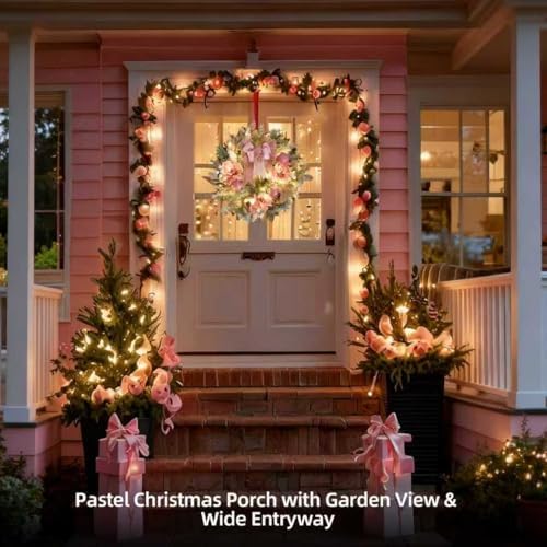 22inch Christmas Pink Wreath for Front Door with 30 LED Lights,Elegant Magnolia Christmas Door Wreath,Festive Holiday Decor, Frosted Winter Pink Decorations for Wedding - Image 4