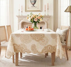 Cotton Damask Print Tablecloth with Scalloped Edge, Machine Washable, Golden Damask, 60 x 108 Inch Rectangle - Image 2