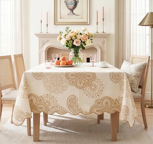 Cotton Damask Print Tablecloth with Scalloped Edge, Machine Washable, Golden Damask, 60 x 108 Inch Rectangle - Image 2