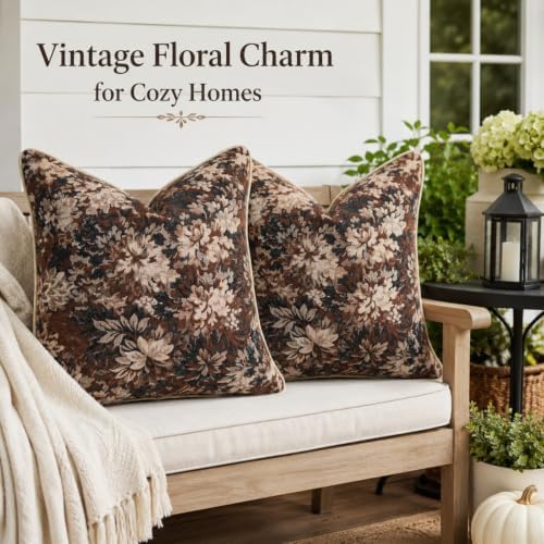 CROWNED BEAUTY Farmhouse Floral Throw Pillow Covers, 20x20, Brown, Set of 2 - Image 2