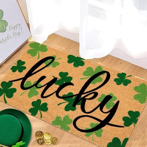 JarThenaAMCS St. Patrick's Day Natural Coir Door Mat Lucky Clover Welcome Floor Mat Green Shamrock Non-Slip Entrance Door Rugs for Irish Holiday Indoor Outdoor Home Bathroom Decor, 16.5 x 29 Inch - Image 2