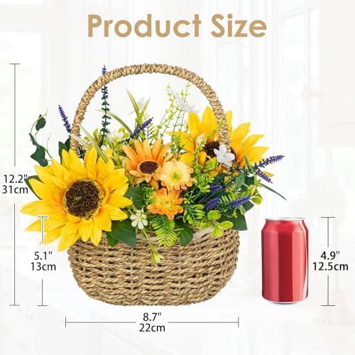 Sunflowers Artificial Flowers, Spring/Summer Flower Centerpieces for Tables Silk Flower Arrangements with Woven Basket Fake Sunflowers with Daisy & Lavender Dinner Table Centerpiece for Indoor Outdoor - Image 2