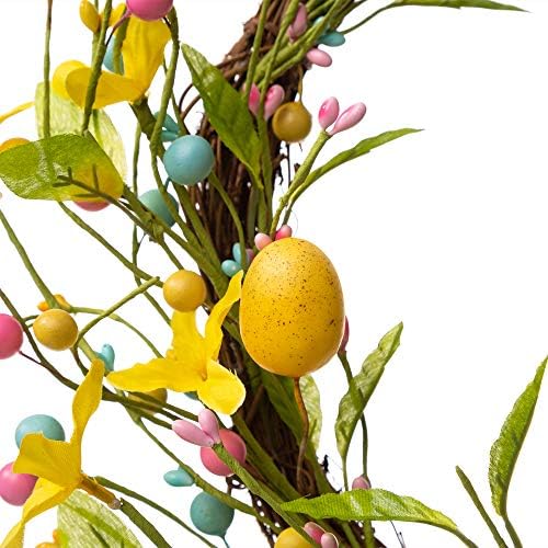Glitzhome 24.8”H Easter Bunny Spring Wreath with Ribbon Bow Easter Eggs for Front Door Wall Decoration Easter Rabbit Garland with Colored Eggs Berries Wall Front Door Easter Decoration - Image 6