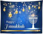 BELECO 9x6ft Fabric Happy Hanukkah Photography Backdrop Blue Chanukah Holiday Decorations Banner Background Menorah Golden Stars Bokeh Glitter Spots Jewish Holy Festival Party Supplies Photo Props - Image 5