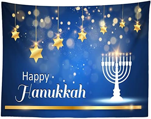 BELECO 9x6ft Fabric Happy Hanukkah Photography Backdrop Blue Chanukah Holiday Decorations Banner Background Menorah Golden Stars Bokeh Glitter Spots Jewish Holy Festival Party Supplies Photo Props - Image 5
