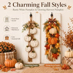 Rustic Wooden Pumpkin Door Hanging with Warm LED Lights, Rustic White Pumpkin Hanging Swag, Fall Decor Gift, Glowing Wreath, Farmhouse Porch Front Door Decoration Home(2-piece Set with Light) - Image 2
