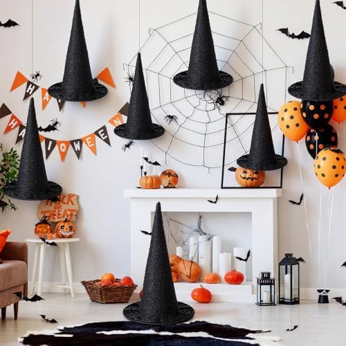 Beeveer 3 Pcs Halloween Rattan Witch Hat Decor, 14/12.2/10.2 Inch - Image 5