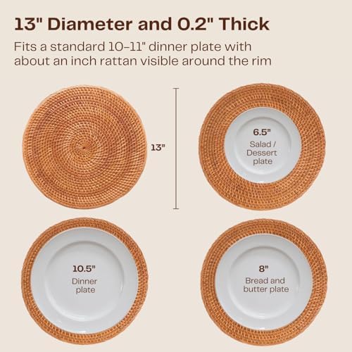 4-Pack Rattan Placemats - 13-inch Round Placemats (Stained Brown) - Woven Place Mats, Round Table Mats - Wicker Chargers for Dinner Plates, Plate Chargers Boho - Image 3