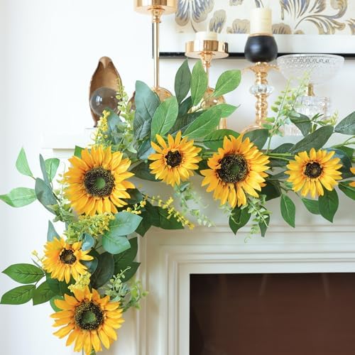 Mizii Artificial Sunflower Garland 6FT Fake Silk Sunflowers Flower Garland Autumn Hanging Vines Decorations for Kitchen Table Centerpieces Room Wall Party Wedding Birthday Fall Decor (Yellow) - Image 5