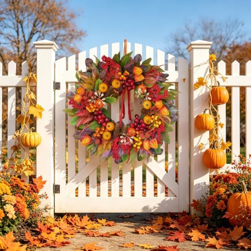 Fall Wreaths for Front Door 24" Harvest Thanksgiving Wreath with Pumpkins - Image 2