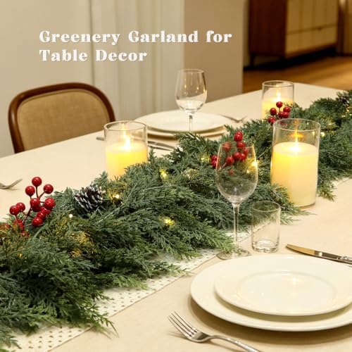9FT Realistic Christmas Cedar Garland for Mantel, Soft Touch with Lights - Image 3