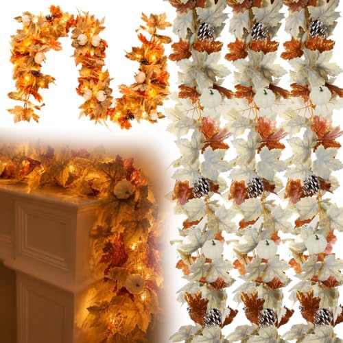 LEBALEY 3 Pack 18 FT Lighted Fall Garland for Mantel with LED Lights by Lebaley