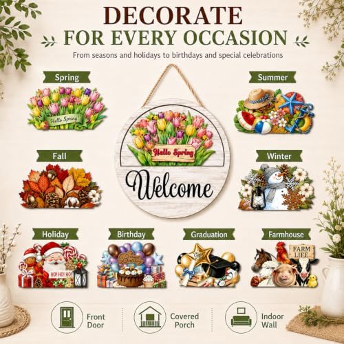 16 Pcs Interchangeable Welcome Sign for Front Door, Round Wood Sign - Image 6