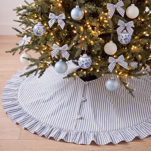 48 Inches Striped Christmas Tree Skirt Vintage Ruffle Decor, Blue by Civaner
