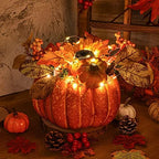 Lvydec Large Pumpkin Fall Table Decoration, Artificial Pumpkin with Maple Leaves Sunflower Berries and LED Lights for Fall Table Centerpieces Thanksgiving Decor - Image 2