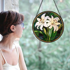 White Lily Flower Leaves Stained Glass Window Hanging Suncatcher Gifts 9.8" - Image 3