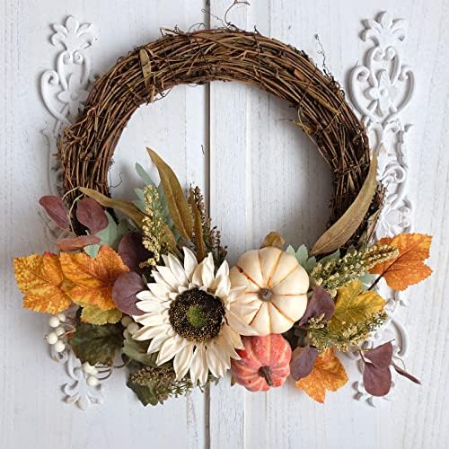 12" Fall Harvest Pumpkin and Sunflower Wreath - Grape Vine Autumn Wreath with Mixed Leaves, Perfect for Front Door, Indoor Outdoor Fall Door Decor, Pumpkin & Sunflower Accents - Ideal for Thanksgiving - Image 5