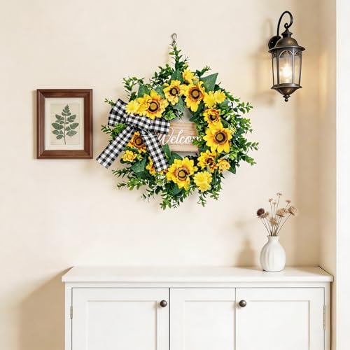 Garvee 20 Inch Sunflower Wreath with Welcome Sign, Spring Summer Wreaths for Front Door with Yellow Blooms and Buffalo Plaid Bow, for Farmhouse Porch Window Wall Home Decor - Image 3