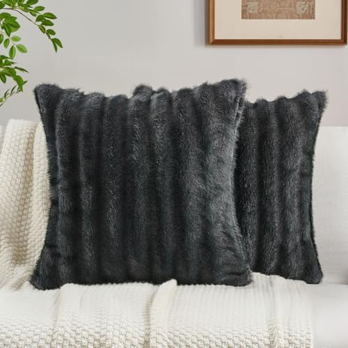 FUTEI Pack of 2 Faux Mink Fur Throw Pillow Covers 24x24 Inch, Dark Grey by FUTEI