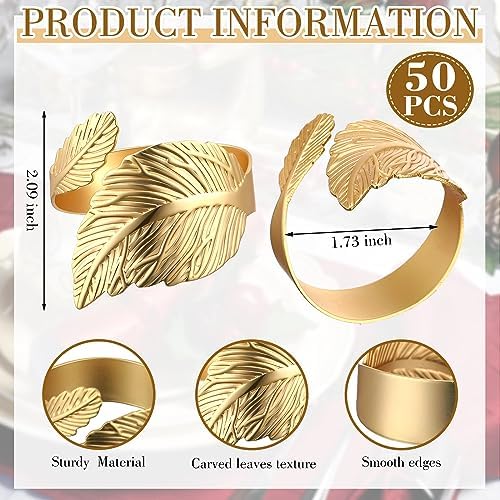 Bokon 50 Pcs Gold Napkin Rings Metal Napkin Holders Bulk, Willow Leaves - Image 2