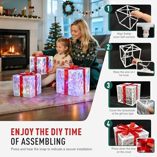 Set of 3 Christmas Lighted Gift Boxes with 50 LEDs,Outdoor Christmas Decorations,8 Modes RGBW Lights,Battery Operated Light Up Present Boxes for Christmas Trees Indoor Outdoor Home Yard Lawn Decor - Image 4