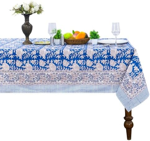 Home Spun & Crafts 72x118 Inches Rectangle Hand Block Print Tablecloth, 100% Cotton, Blue Floral Table Cloths Washable, Traditional Indian for Dining Outdoor Thanksgiving Halloween Christmas by HomeSpunCrafts