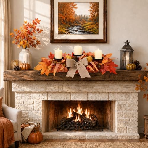 26" Fall Candle Holder Centerpiece with Pumpkins, Maple Leaves & Burlap Bow - Image 5