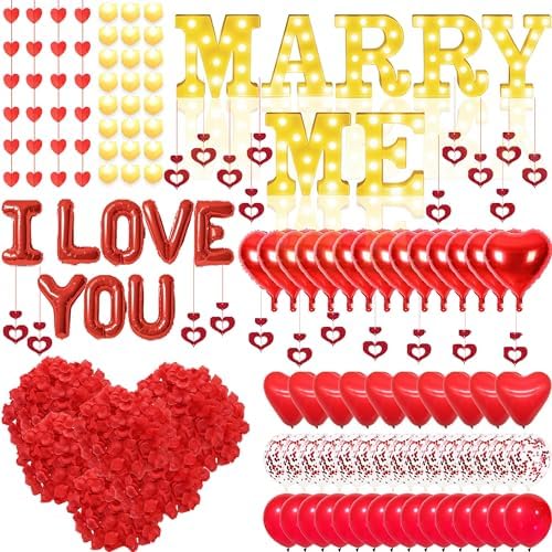 Marry Me Light Up Letters Proposal Decorations, 7Pcs 8.5" Marry Me Sign, 24Pcs Flameless Candles 2000Pcs Red Fake Rose Petals 8Pcs I Love You Letter Balloons 55Pcs Latex Heart Balloon Valentine's Day - Image 2