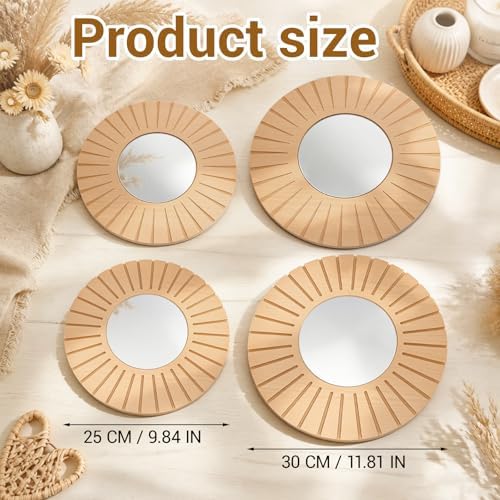 Yerliker 4 Pack Boho Wall Decor Mirror 12" 10" Hanging Baskets Wall Art Decorative Round Mirror with Wooden Frame Rustic Farmhouse Home Decor for Bedroom Living Room Dining Room Nursery - Image 2