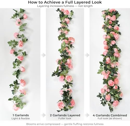 FiveSeasonStuff Amaranth Pink Artificial Rose Garlands, Four Separate Faux Flower Vines with Greenery - Image 2