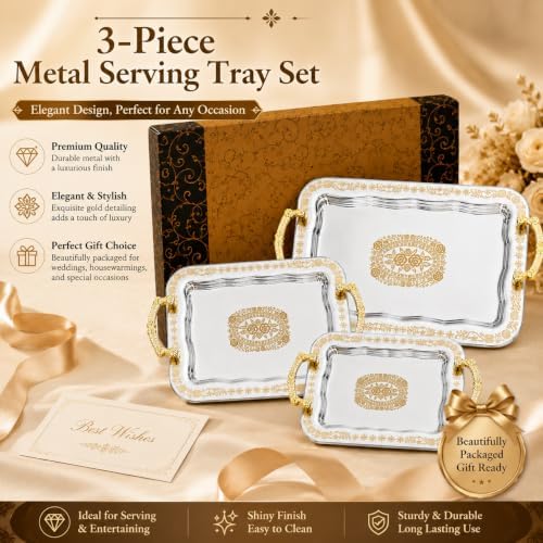 3 Pcs Silver Serving Trays with Handles - Image 2