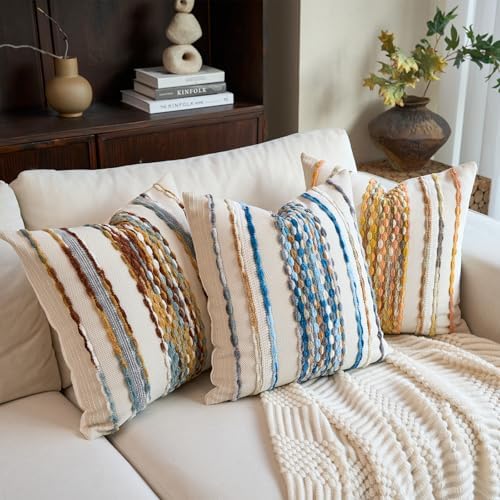 Aeckself Boho Pillow Covers 18x18 Inch Set of 2, Farmhouse Decorative Striped Square Chenille Tufted Accent Neutral Throw Pillow Covers for Living Room Couch Bed, Sky Blue - Image 6